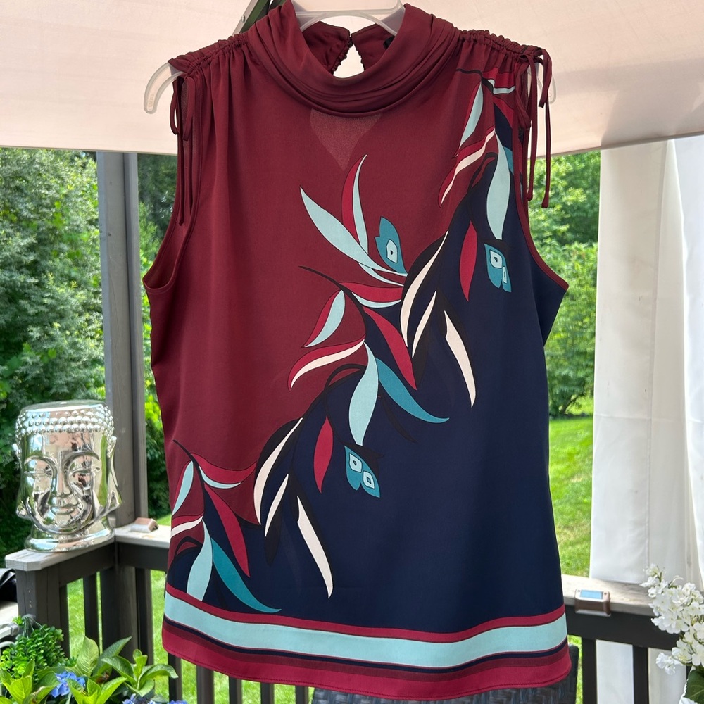 White House Black Market Burgundy and Navy Leaf Blouse